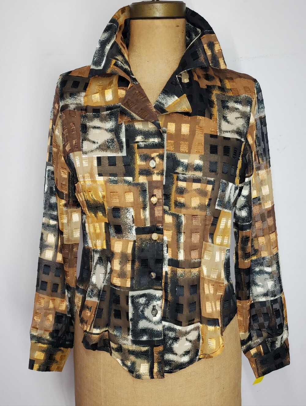 Hot Stuff Size M NEW Blouse Vintage Button Down Black Copper Sheer Abstract USA